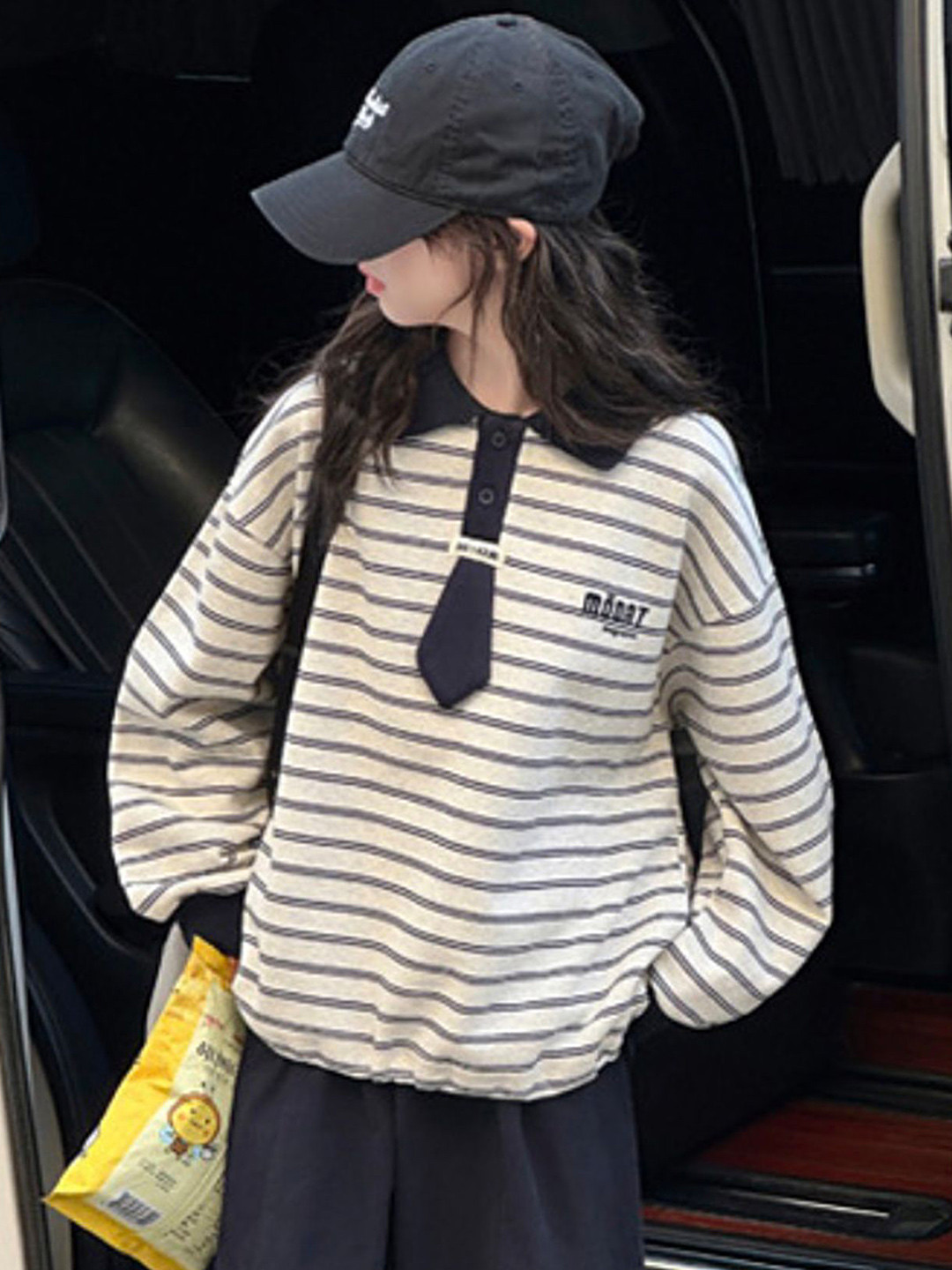 LULU & SKY Girls Oversized Striped Full Sleeve Polo Collar Tshirts