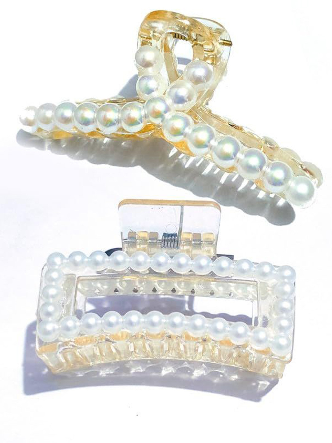 Lyphy Women Set of 2 Rectangular and T-shape Pearls Beaded Claw Clip