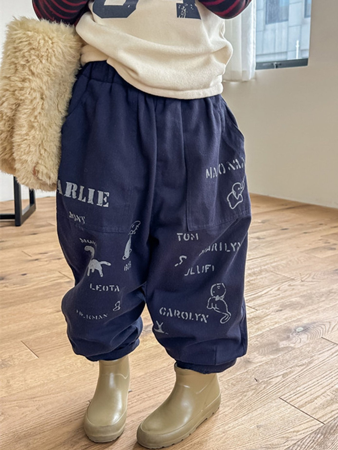 LULU & SKY Girls Graphic Printed Elastic Waist High-Rise Trousers