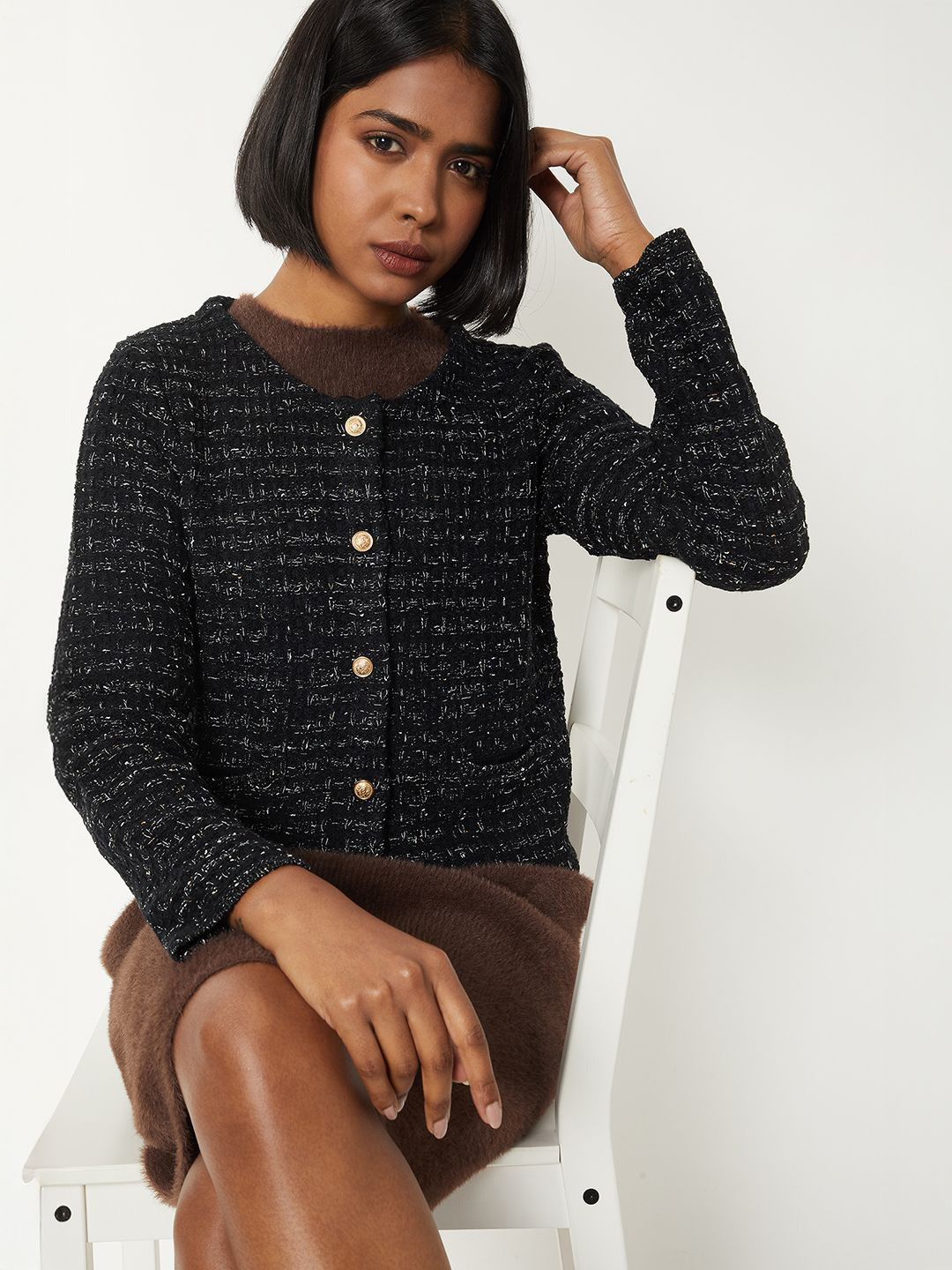 max Women Front-Open Button Detail Boucle Sweaters