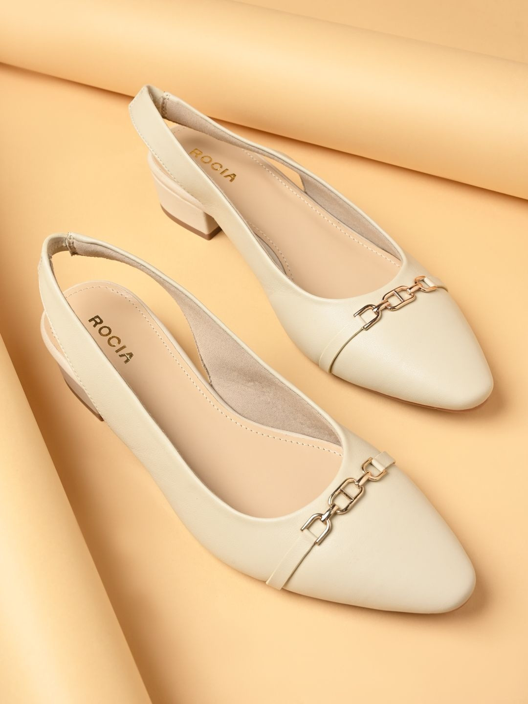 Rocia Women Solid Pointed Toe Block Heel Buckled Sling Back Pumps Heels