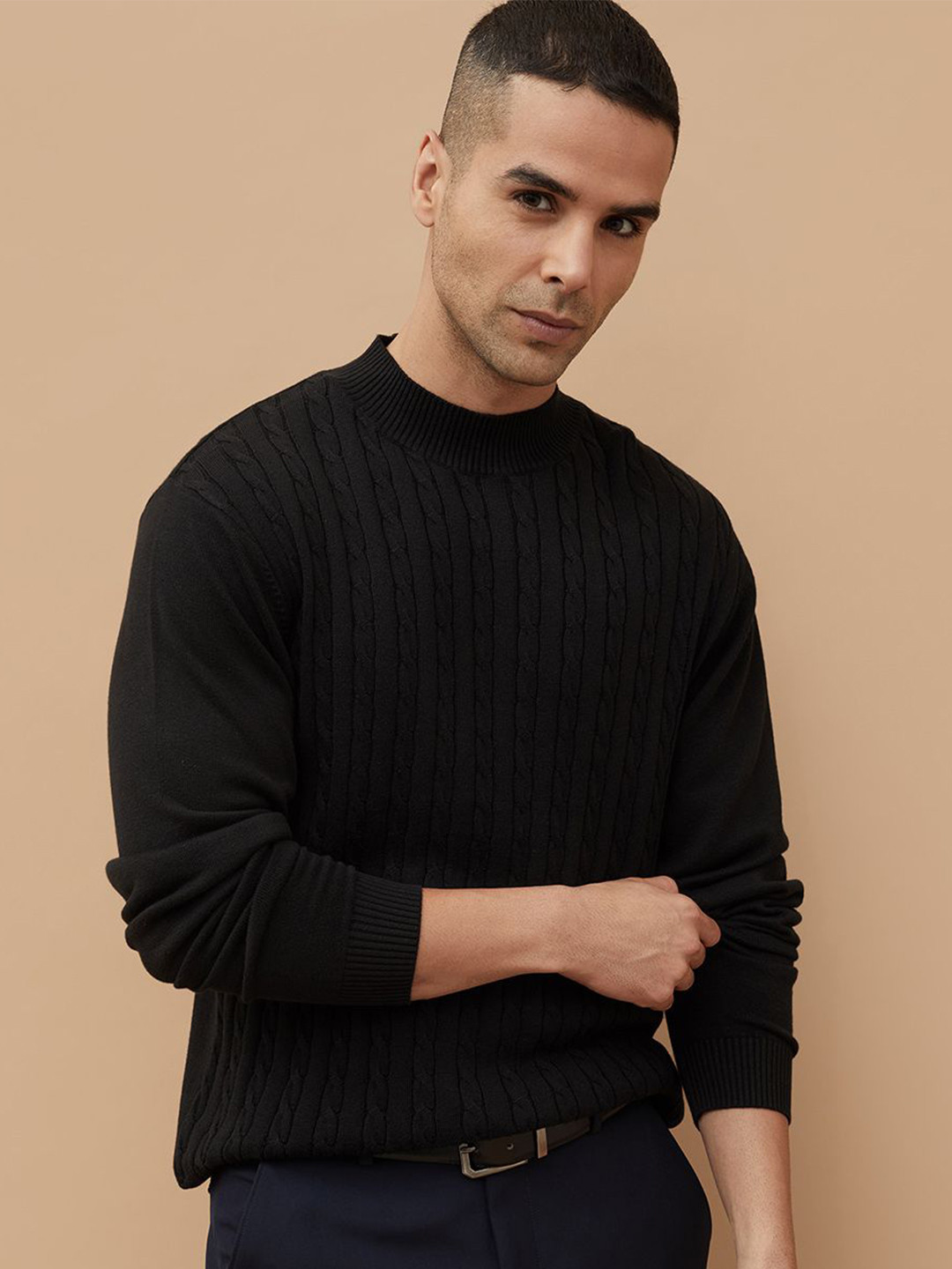 CODE by Lifestyle Men Cable Knit Mock Collar Cotton Pullover