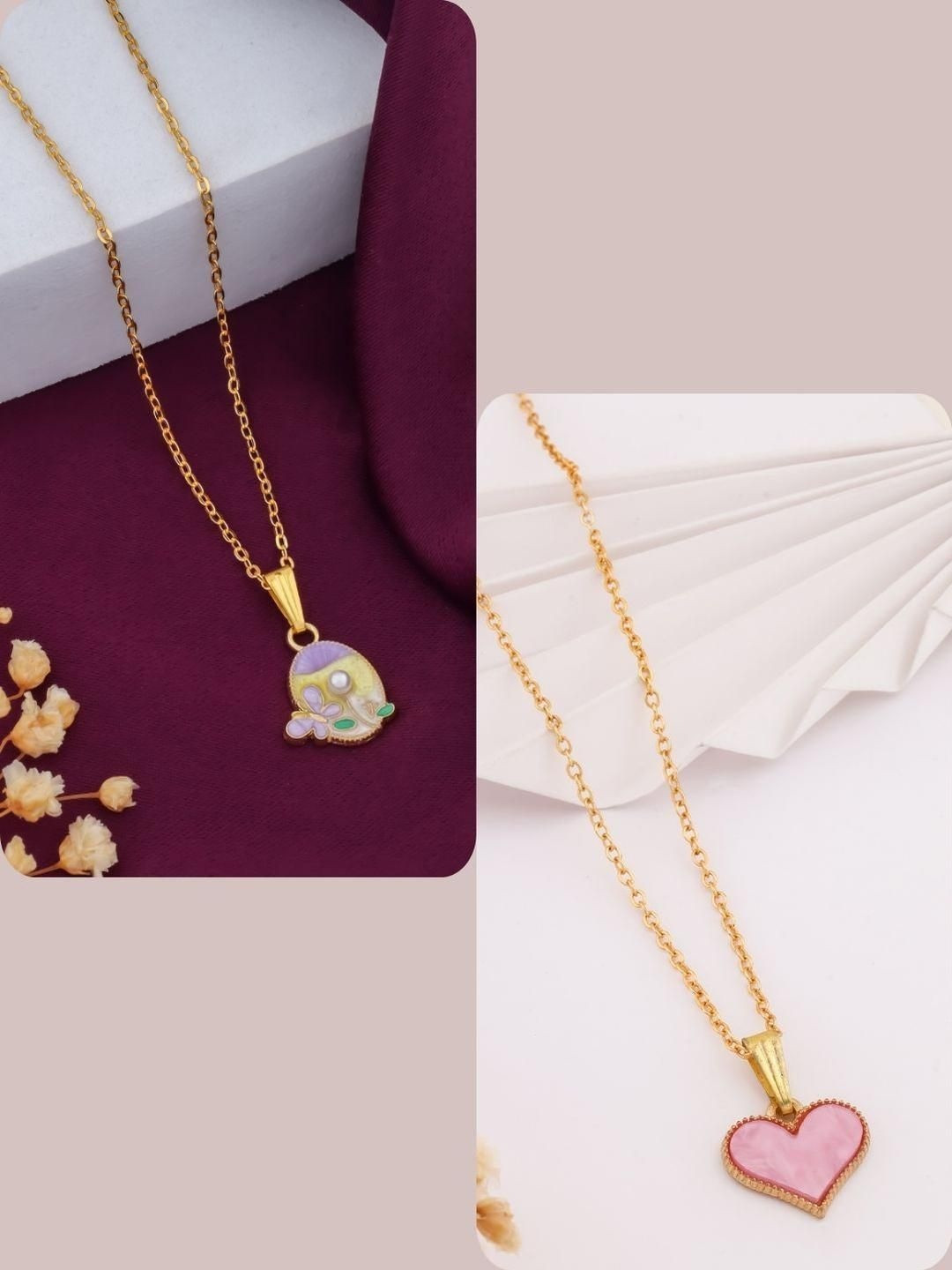 SZN Elegent Set Of 2 Gold-Plated Beaded Oval Shaped Enamelled Pendants With Chains