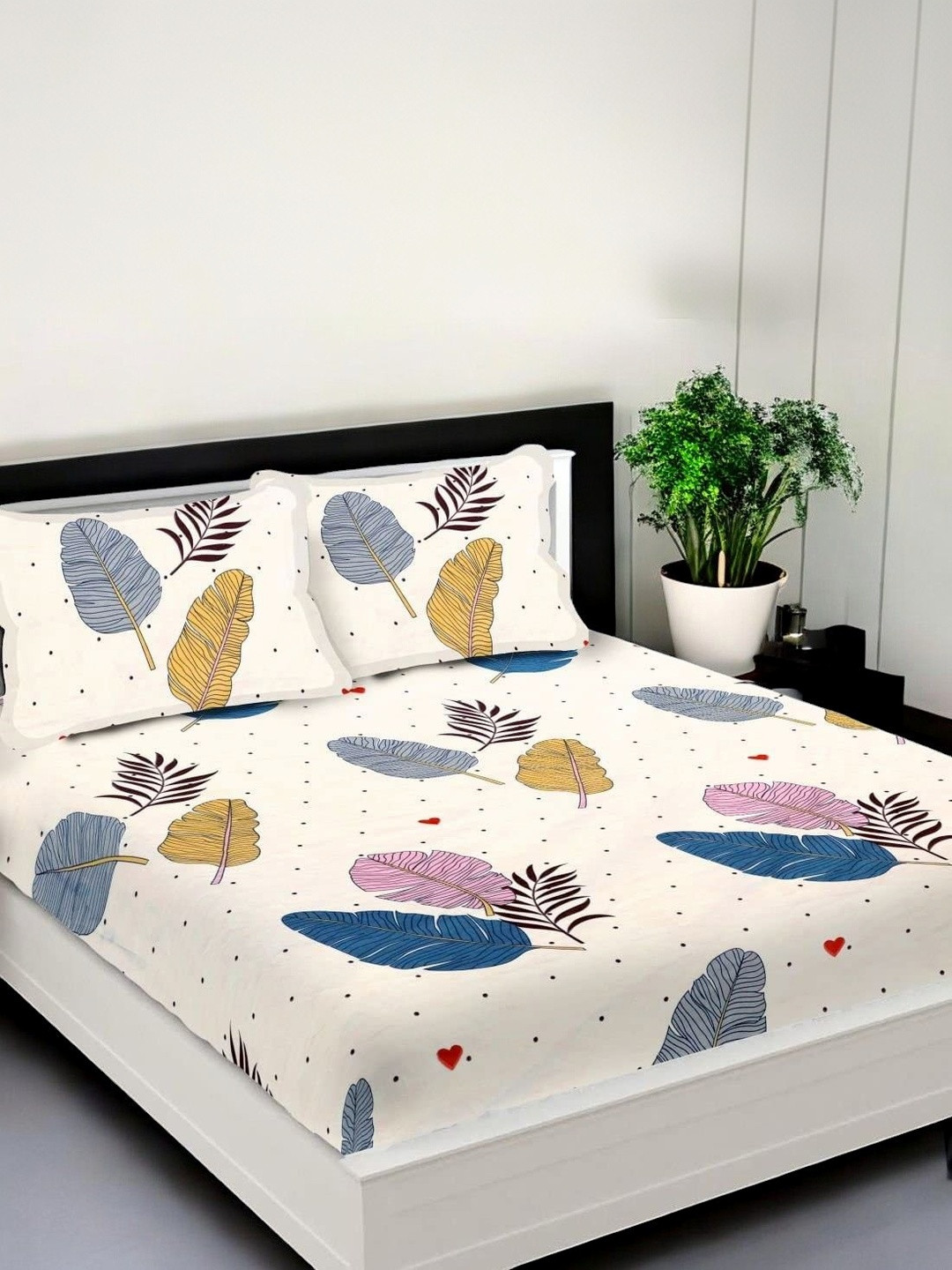 Homybees Elastic Fitted King Size Unisex Leaf Printed 220 TC Bedsheet with 2 Pillow Covers