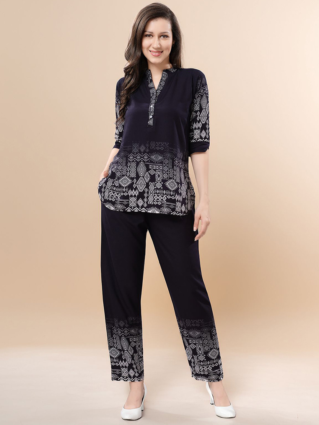 Be You Printed Mandarin Collar Tunic With Trousers