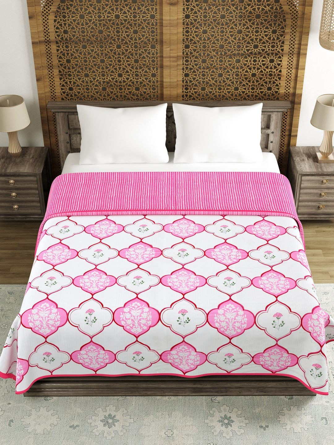 BLOCKS OF INDIA White & Pink Ethnic Printed Cotton AC Room 150 GSM Double King Dohar