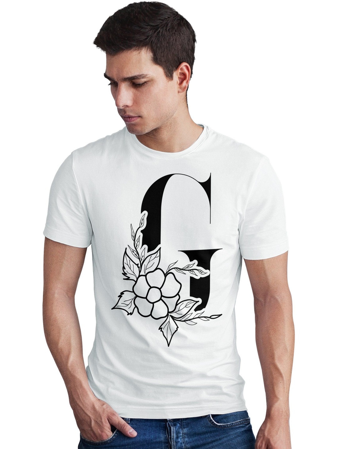 Seekbuylove Men Floral Letter G Printed Bio Finish Regular Fit T-shirt