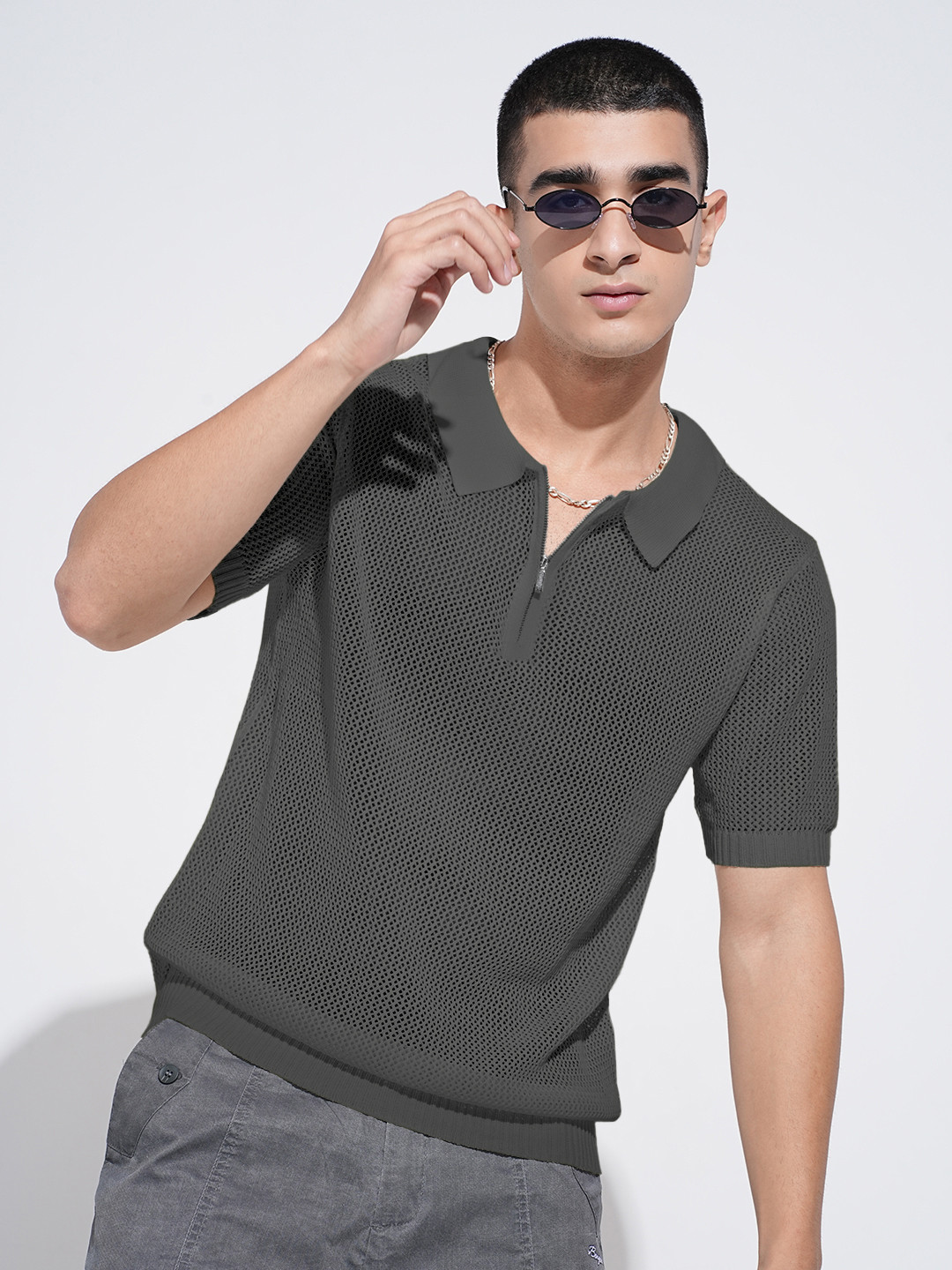 SHOWOFF Polo Collar Regular Fit Cotton Sheer T-Shirt