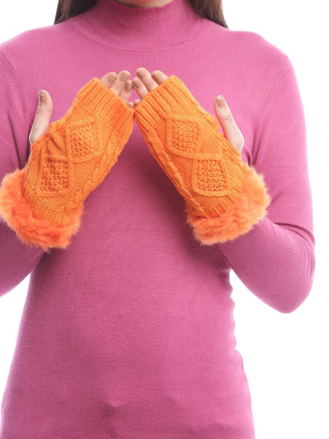 Moda Rapido Women Cable Knit Half-Fingers Winter Gloves with Faux Fur Detail