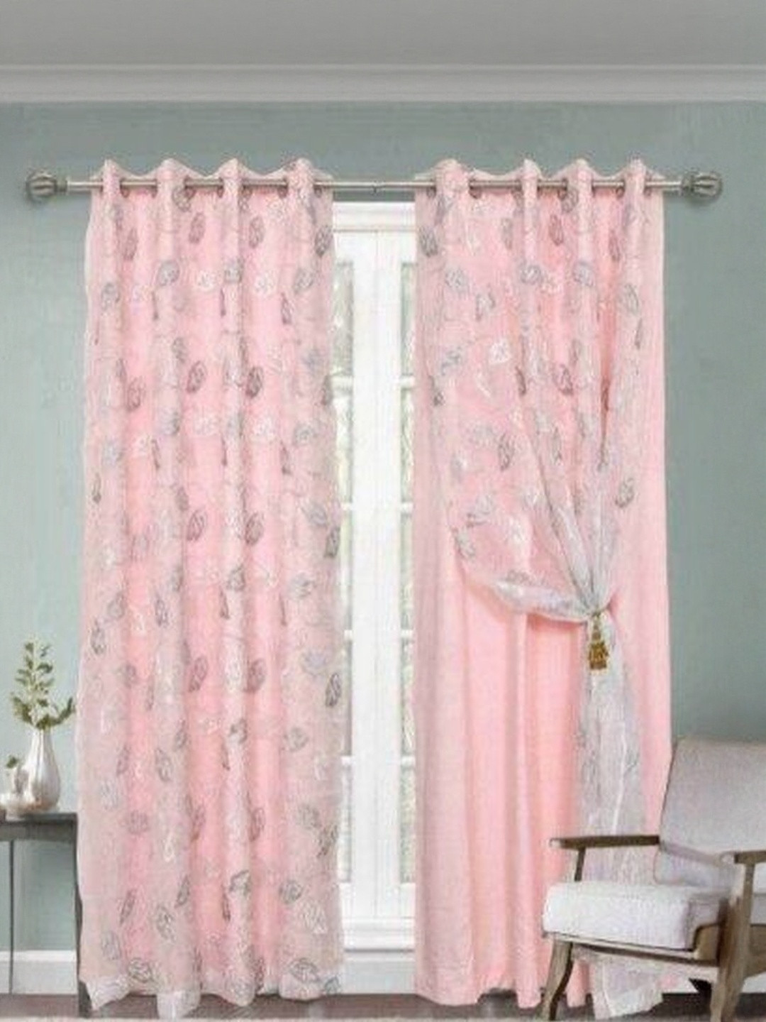 Myntra Elegant Homes Pink & Silver-Toned 2 Pieces Velvet Long Door Curtains