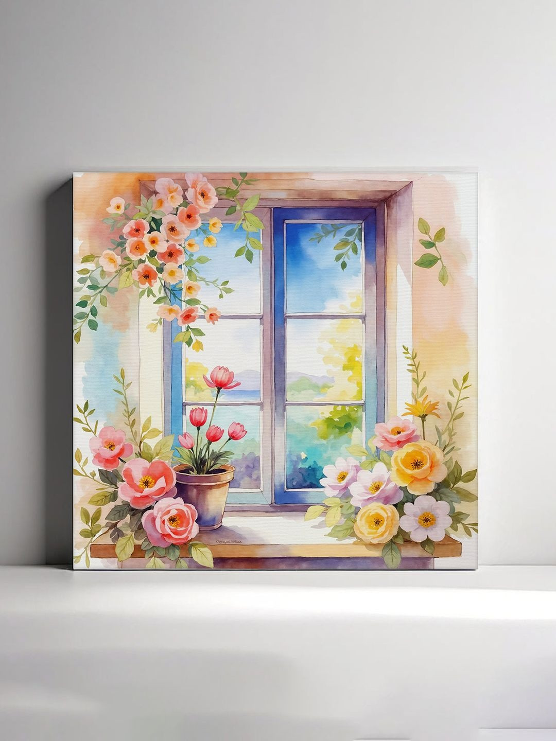 RANDOM White & Blue Window With A View Of A Bright Sky & Floral Canvas Wall Art