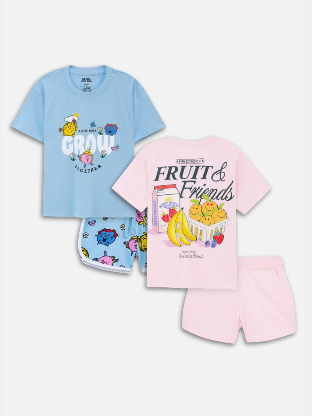 Nap Chief Girls Pack Of 2 Little Miss and Smiley Printed Pure Cotton T-shirt With Shorts