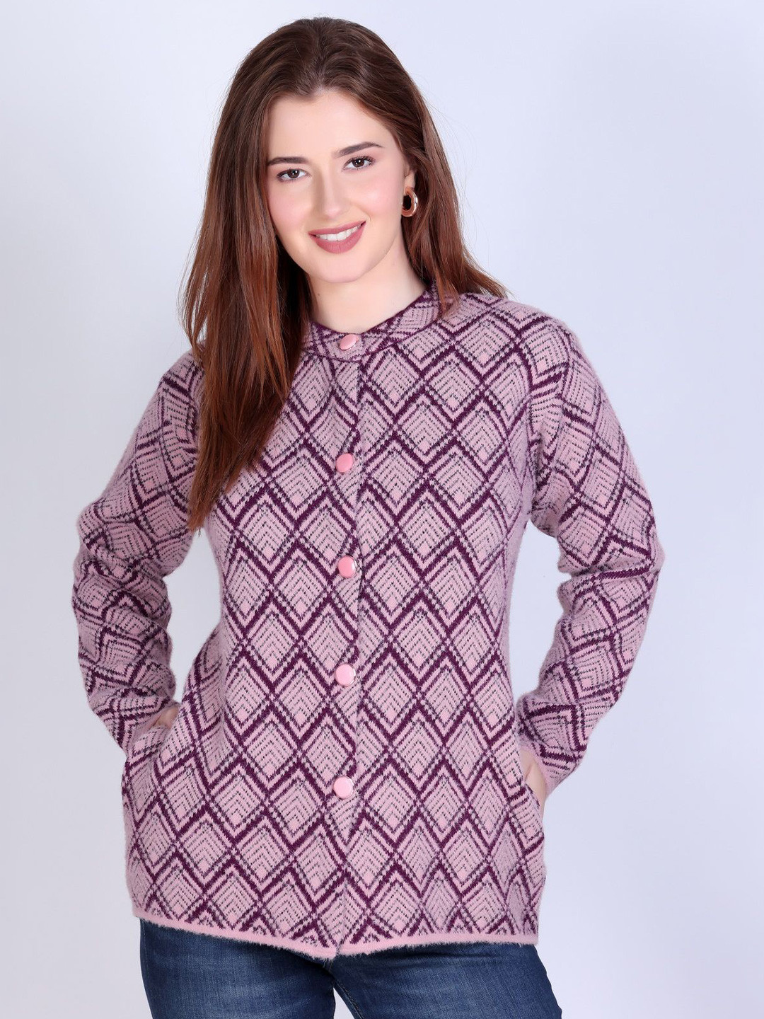 The Roadster Lifestyle Co. Women Geometric Self-Design Round Neck Button Cardigan