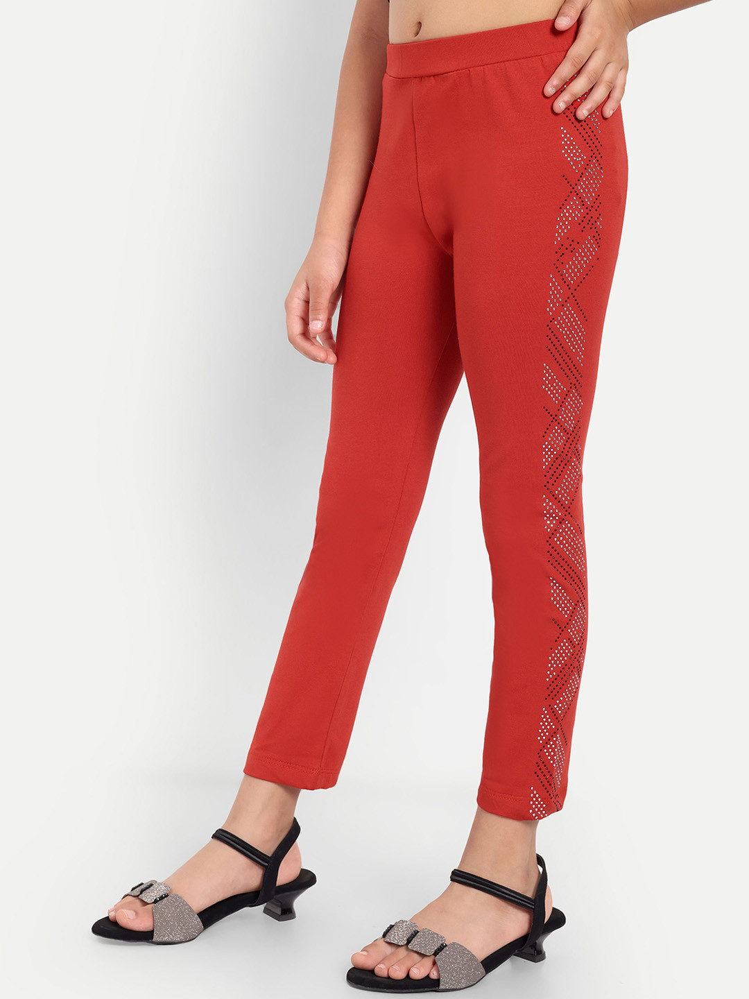 Nino Togs Girls Mid-Rise Churidar-Length Rhinestone Detailed Leggings