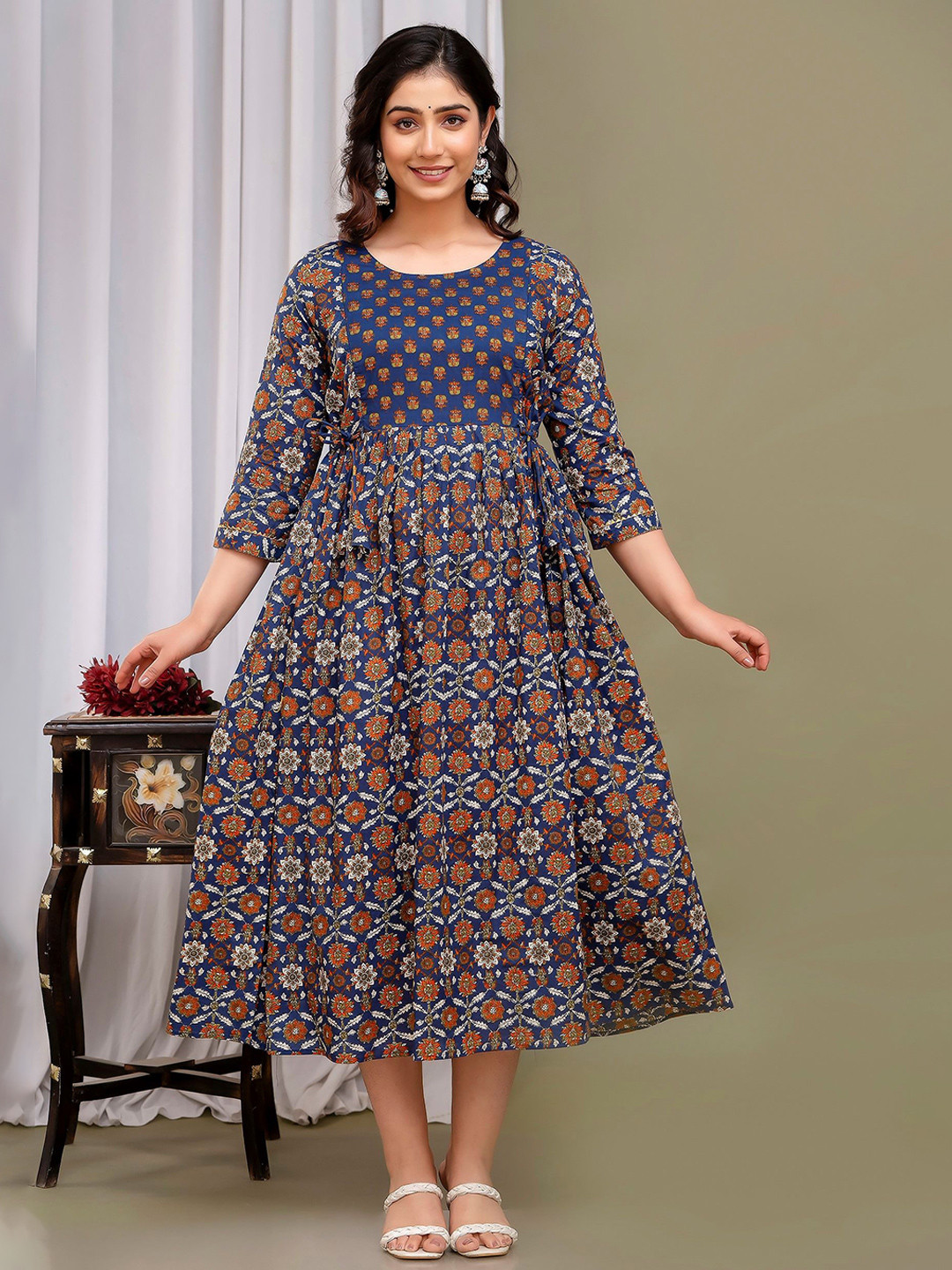Tulsiram Women Maternity Ethnic Motifs Printed  Pleated Detail Fit and Flare Midi Dress