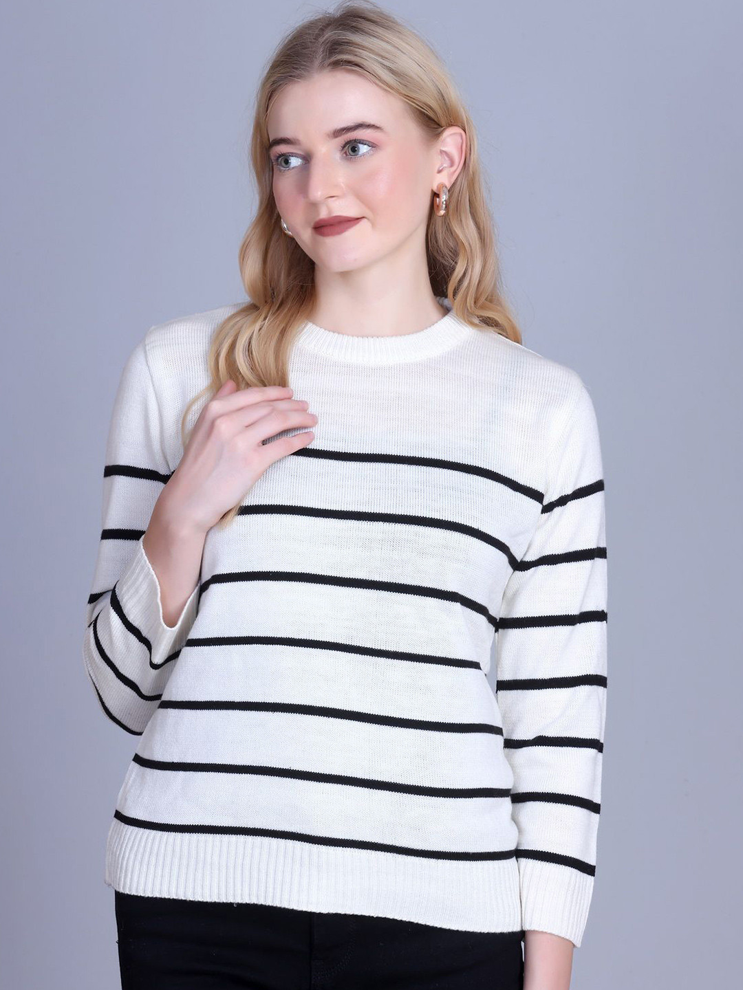 The Roadster Lifestyle Co Striped Round Neck Pullover Sweater