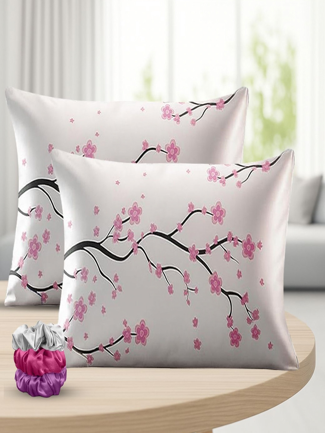 GRISHVA White & Pink 2 Pieces Floral Print Pure Silk Rectangle Pillow Covers