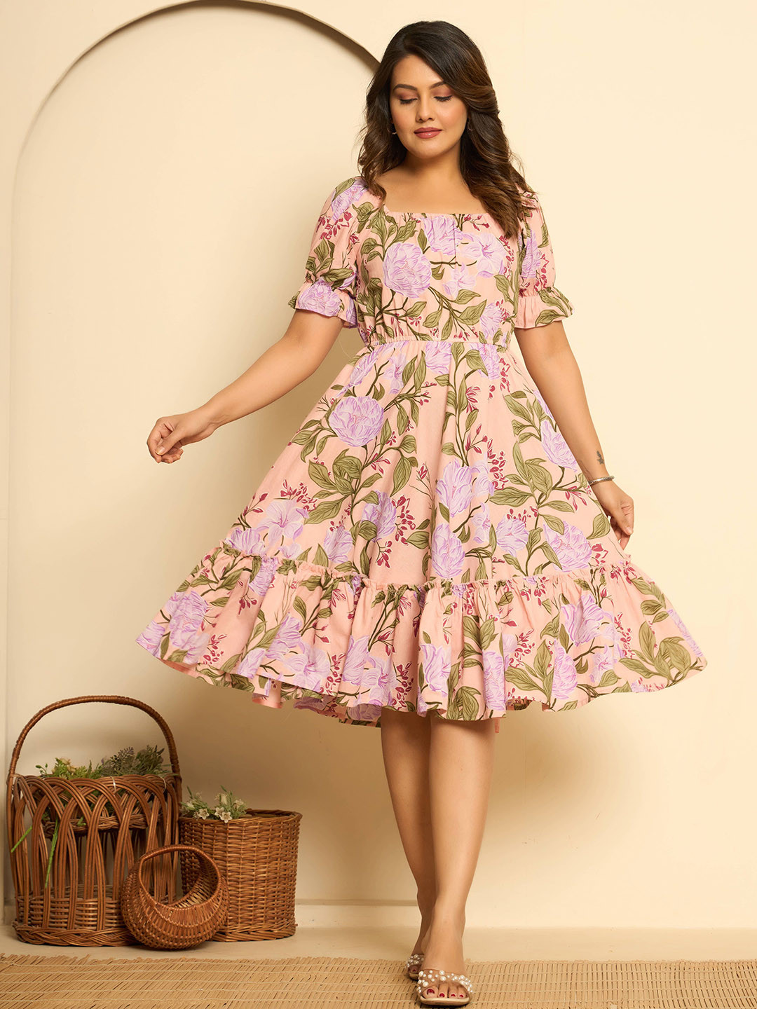 KASYA Women Floral Printed Cotton Bell Sleeves Midi Fit & Flare Dress