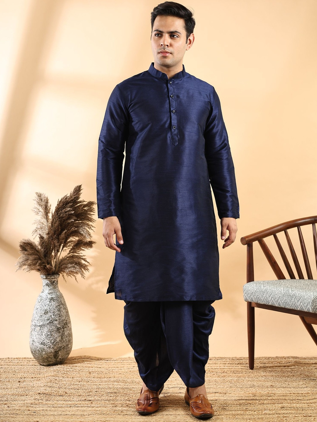 Ethluxis Traditional Long Sleeves Mandarin Collar Dupion Silk Kurta With Dhoti Pants