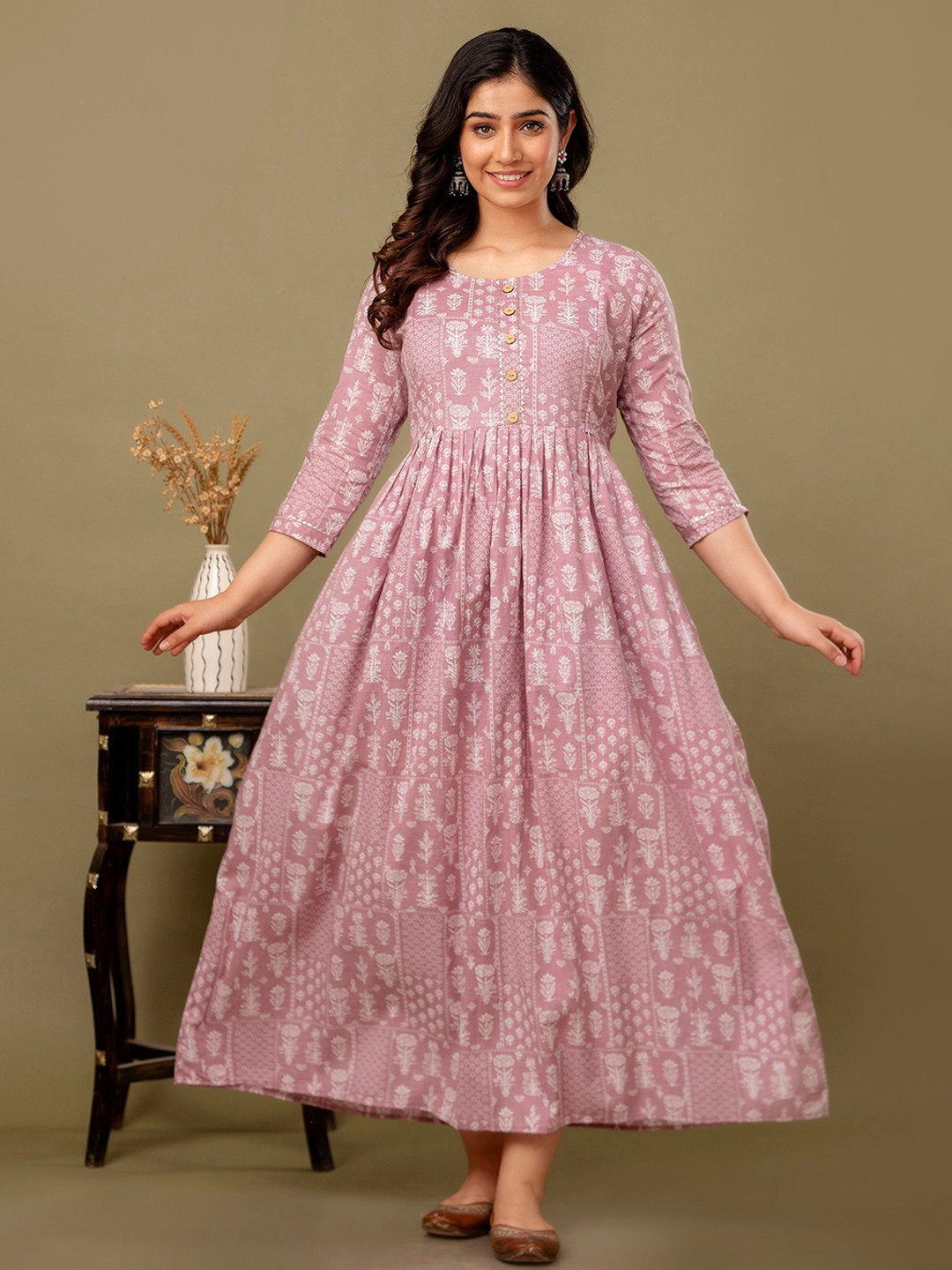 Tulsiram Women Floral Print Maternity Pure Cotton Gathered or Pleated Maxi Dress