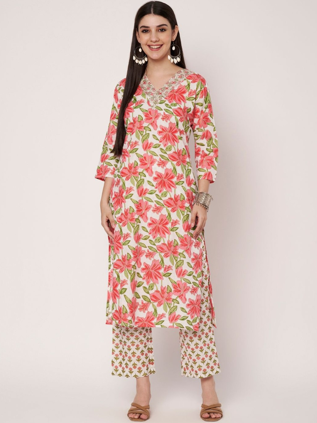 SKYTICK Women Floral Printed Thread Work Pure Cotton Kurta with Trousers