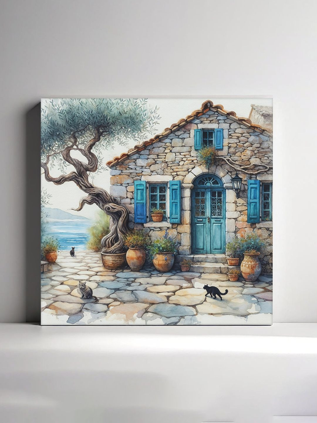 RANDOM White & Blue The Shutters & The Main Door On The Stone House Canvas Wall Art