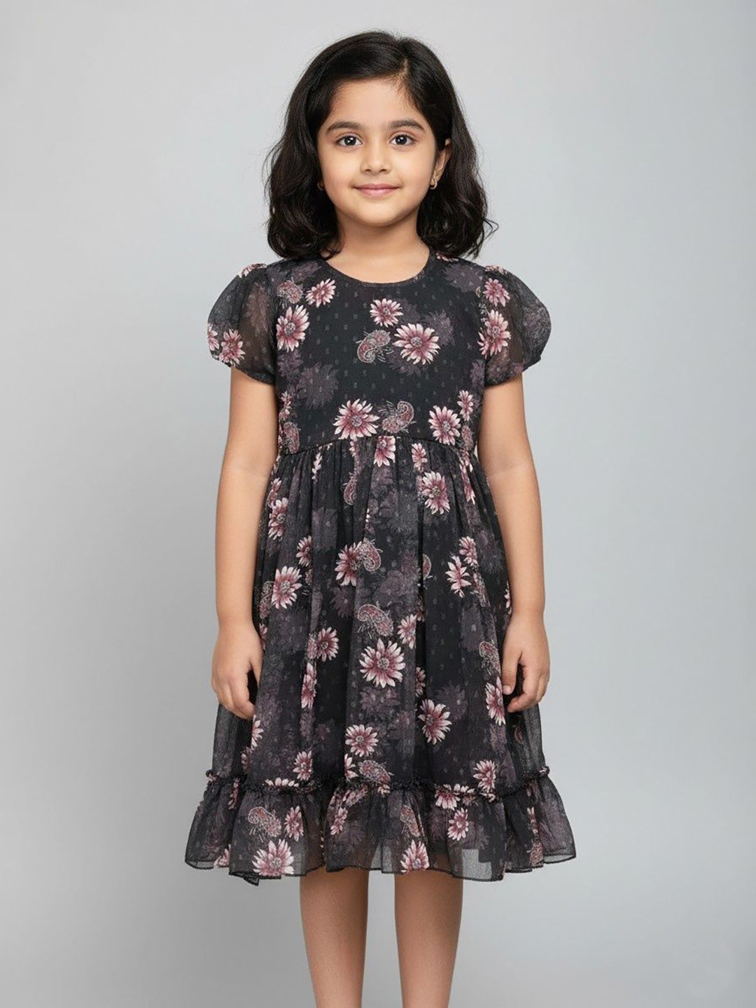 Color Trends Girls Floral Printed Puff Sleeve Ruffled Fit & Flare Dress