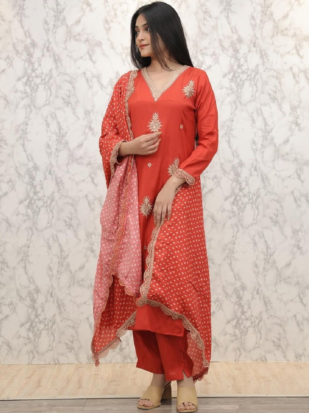 DWIJA FASHION Embroidered V-Neck Thread Work Straight Kurta With Trousers & Dupatta