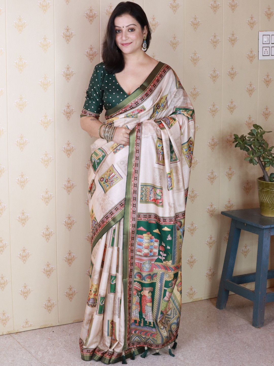 all about you Ethnic Motifs Printed Katki Saree With Unstiched Blouse