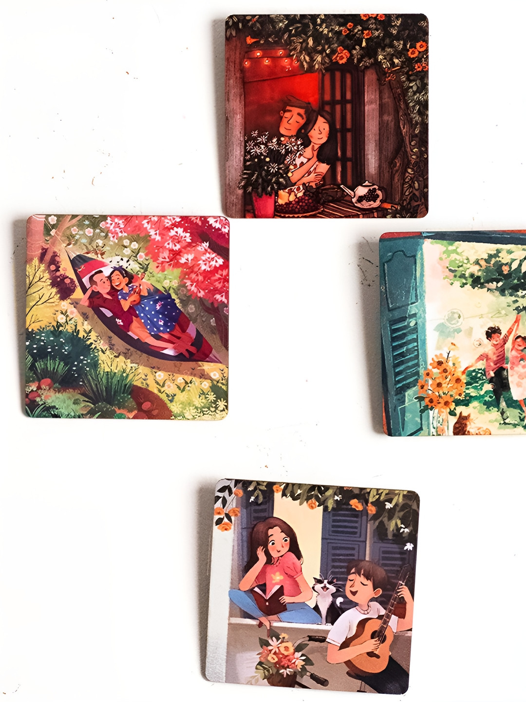 Katha Plates Brown & Green 4 Pieces Printed Wooden Wall Arts