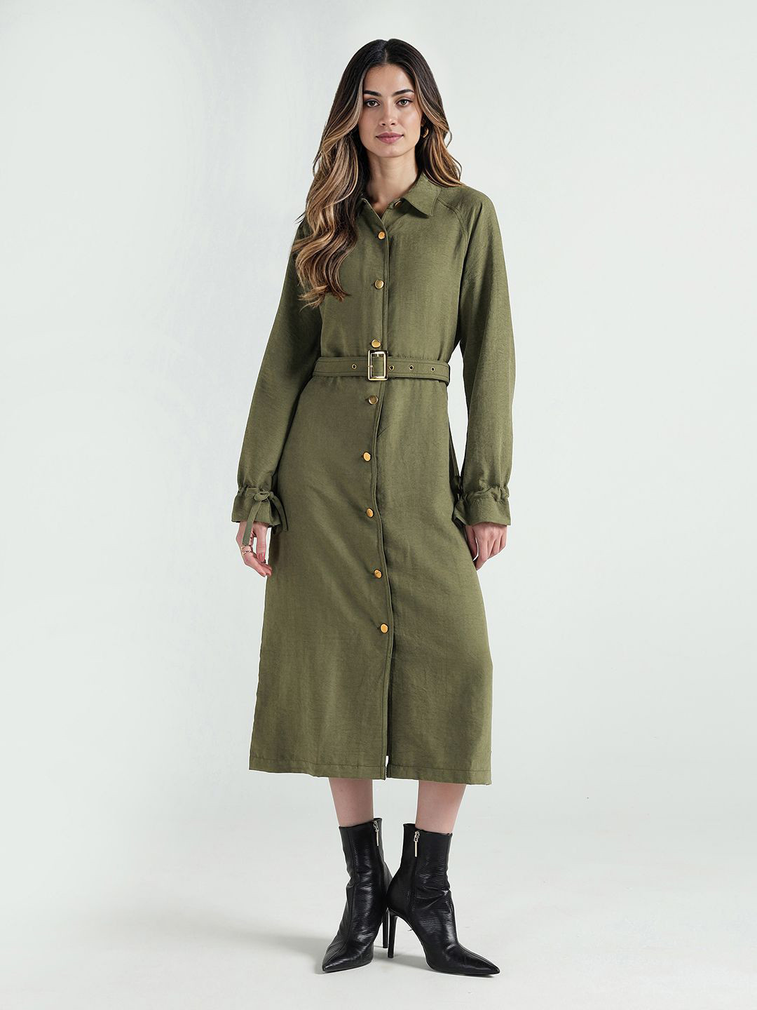 ELLE Women Bell Sleeves Shirt Midi Dress With Belted