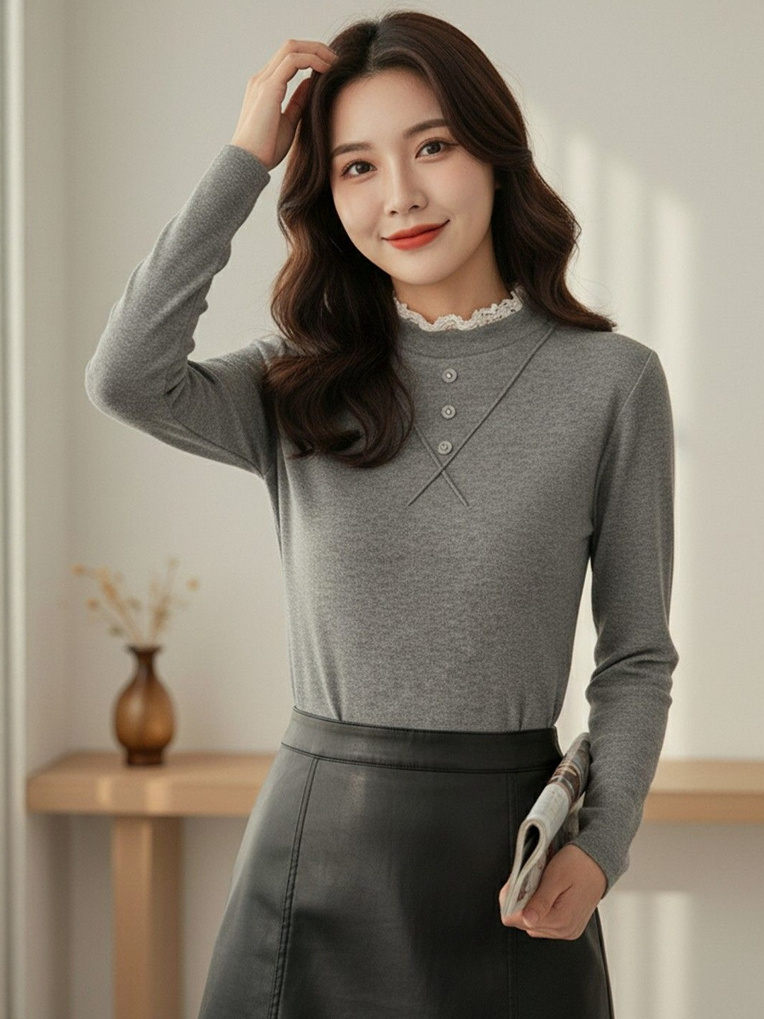 Mast & Harbour Women Lace Inserts High Neck Pullover Sweatshirt