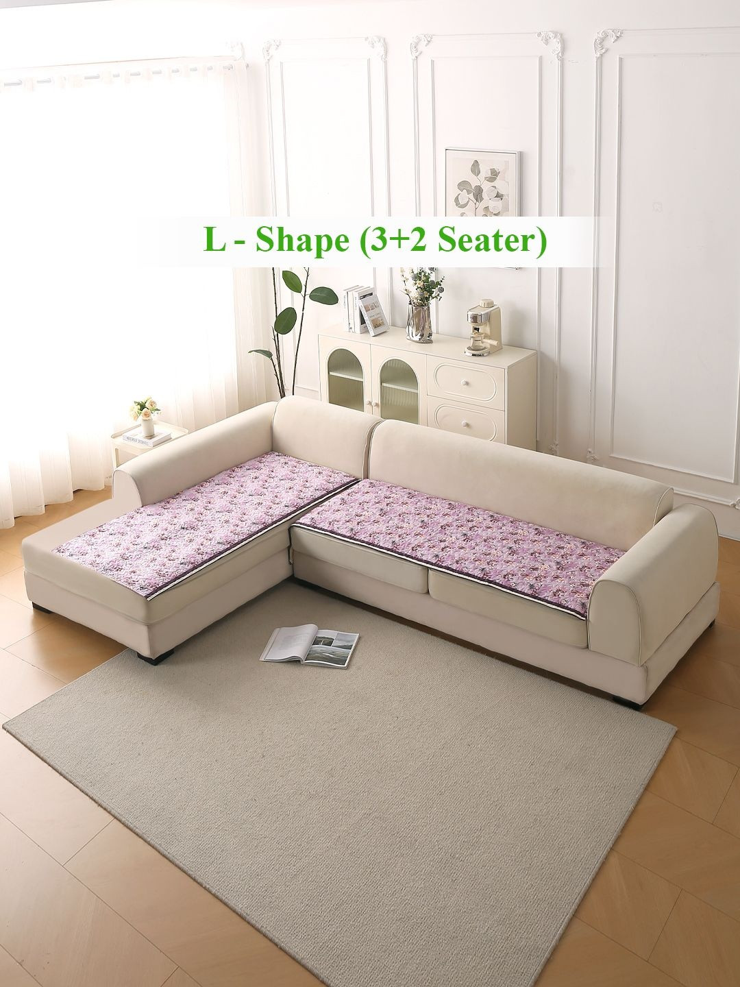 HOKIPO Florentina Series Lavender 2 Pieces Floral Printed Velvet 5 Seater Sofa Covers