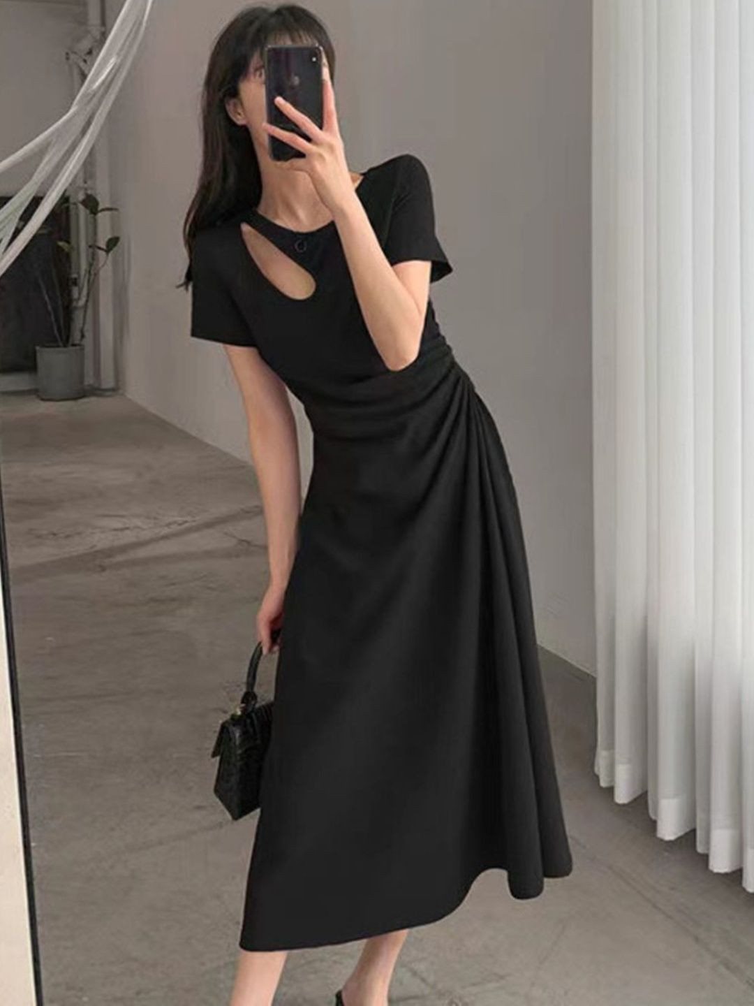 HERE&NOW Women Solid Cut Out Detail Ruched A-Line Midi Dress
