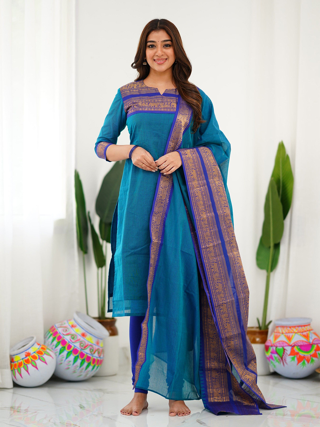 Vastukala Women Woven Design Zari Round Neck Kurta with Dupatta