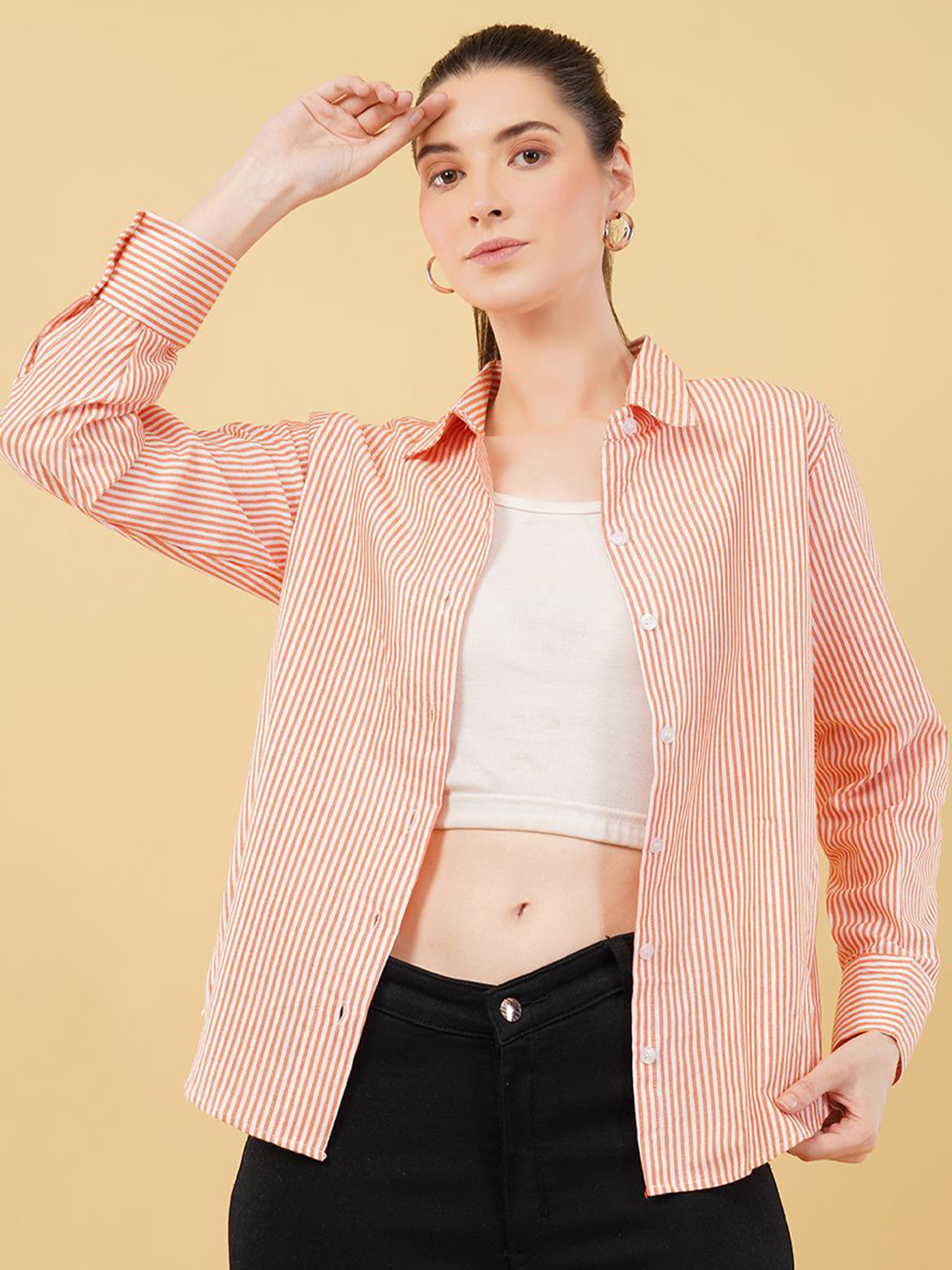 Swaggish Women New Fit Vertical Striped Spread Collar Cotton Casual Shirt