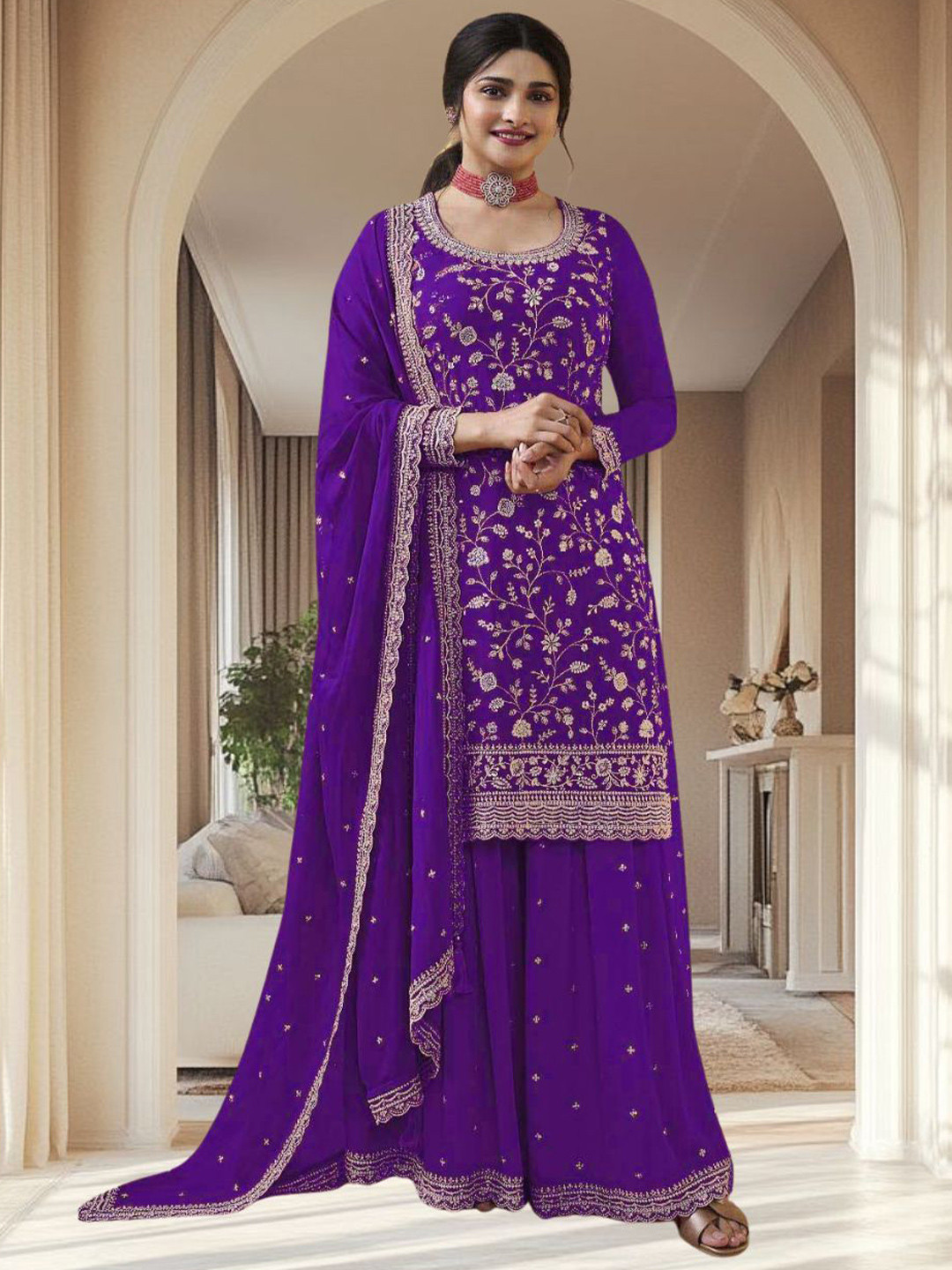 DEALBAZAARS CORPORATION WITH DB LOGO Floral Embroidered Semi-Stitched Dress Material