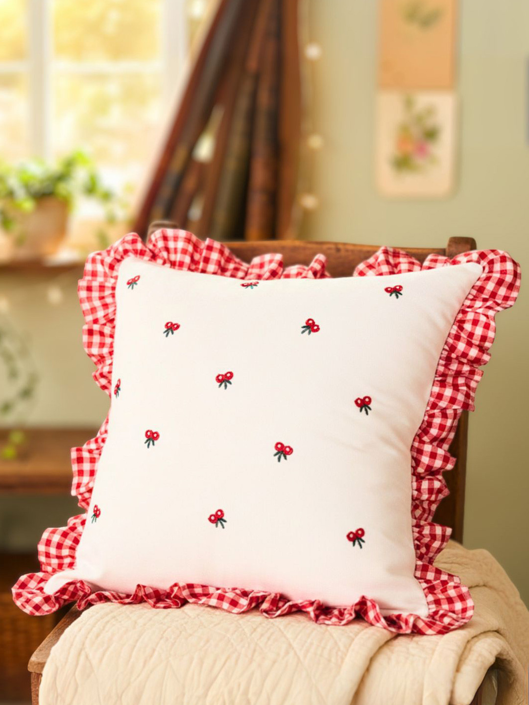 SLEEPY THREADS Red & White Embroidered Square Cushion Cover