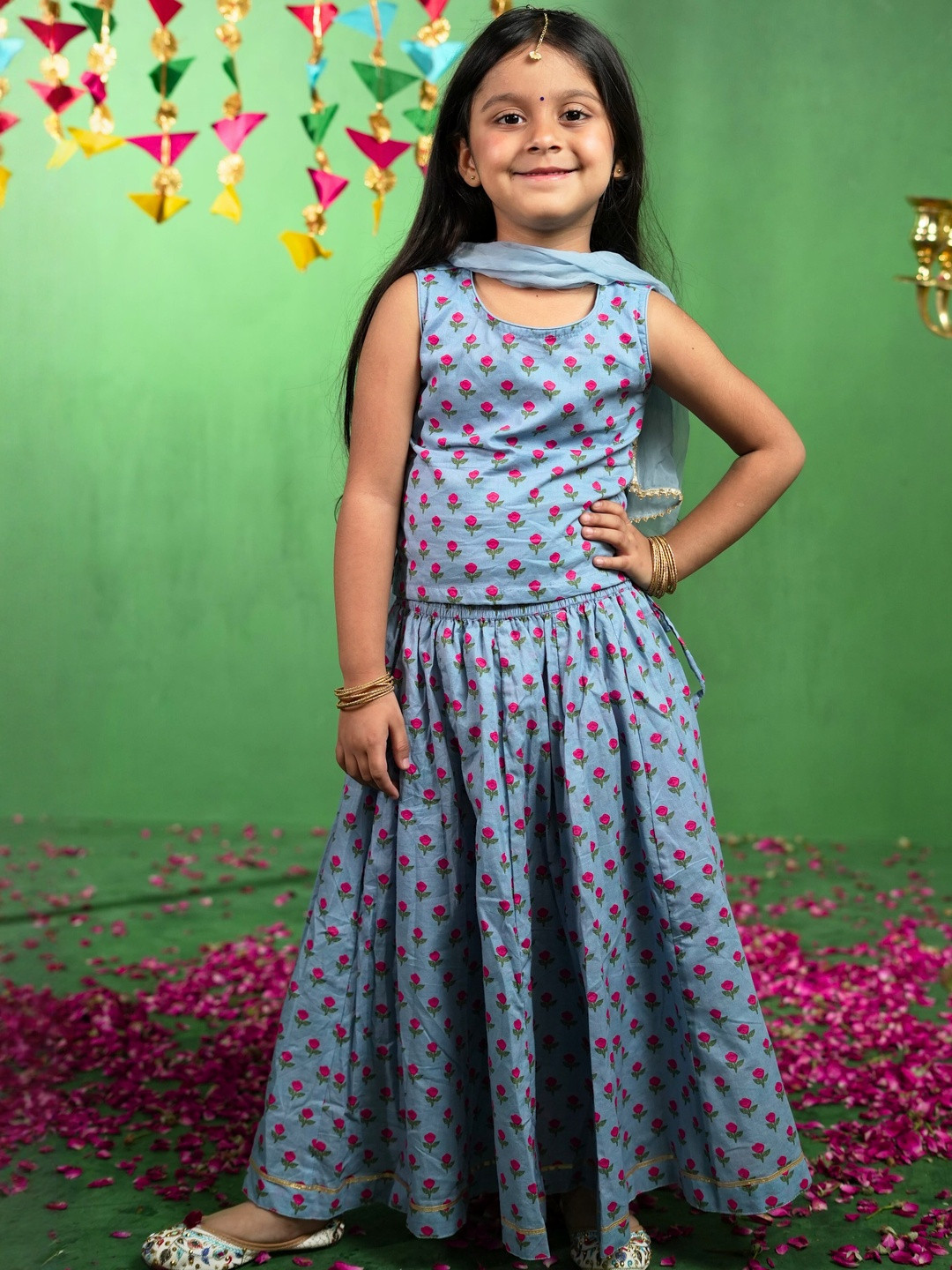 Puddle Fashion Girls Floral Printed Ready to Wear Cotton Lehenga & Blouse With Dupatta