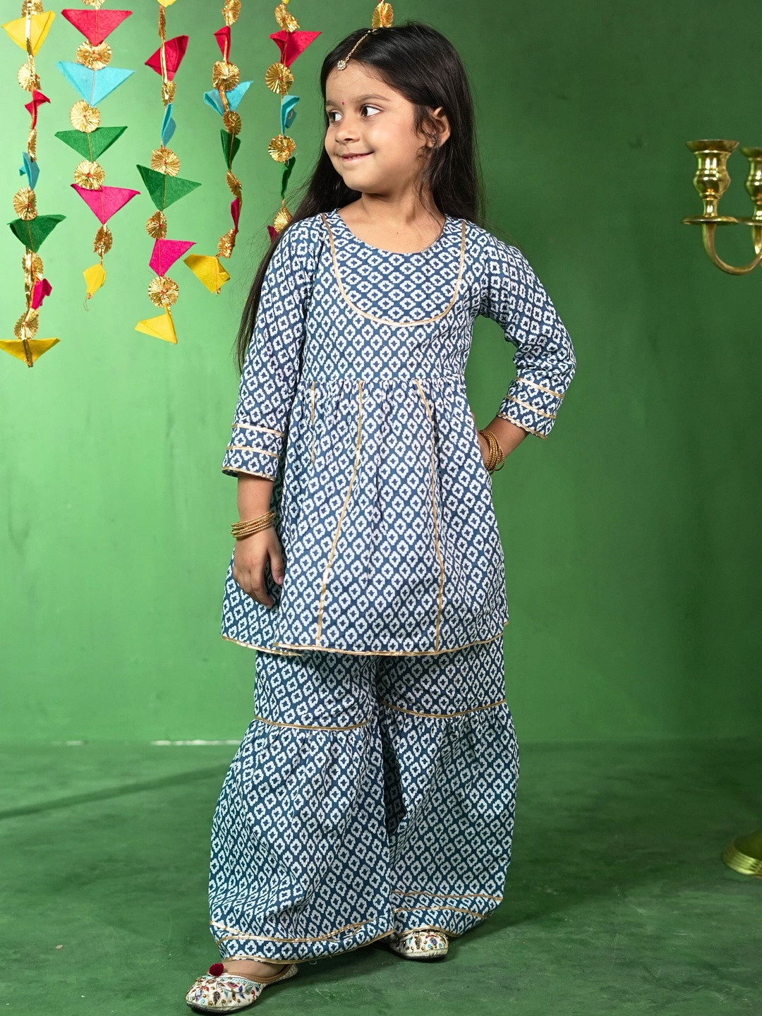 Puddle Fashion Girls Printed Regular Anarkali Kurta with Sharara