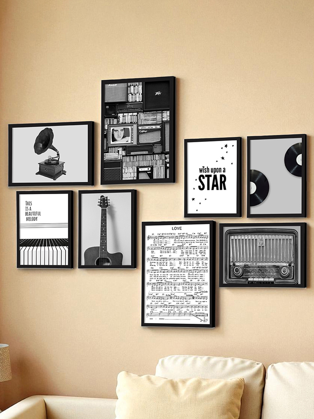 Art Street Black & Grey 8 Pieces Wish Upon A Star Music Notes Themed Wall Arts