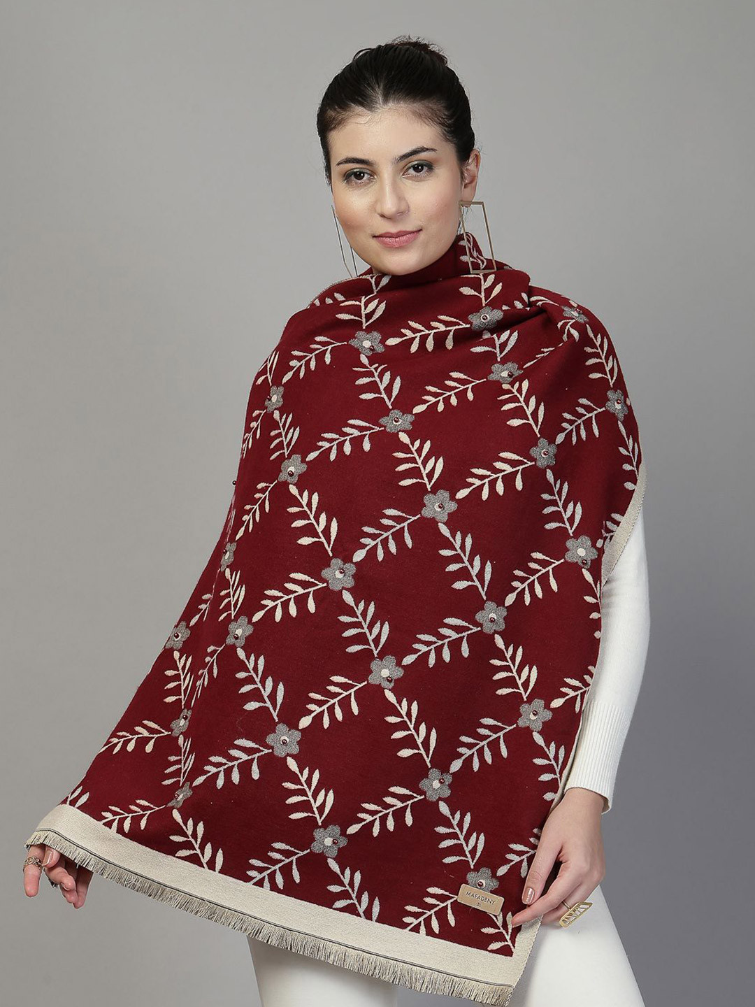 Mafadeny Women Woven Design Floral Stole with Beaded Flowers With Fringed Border