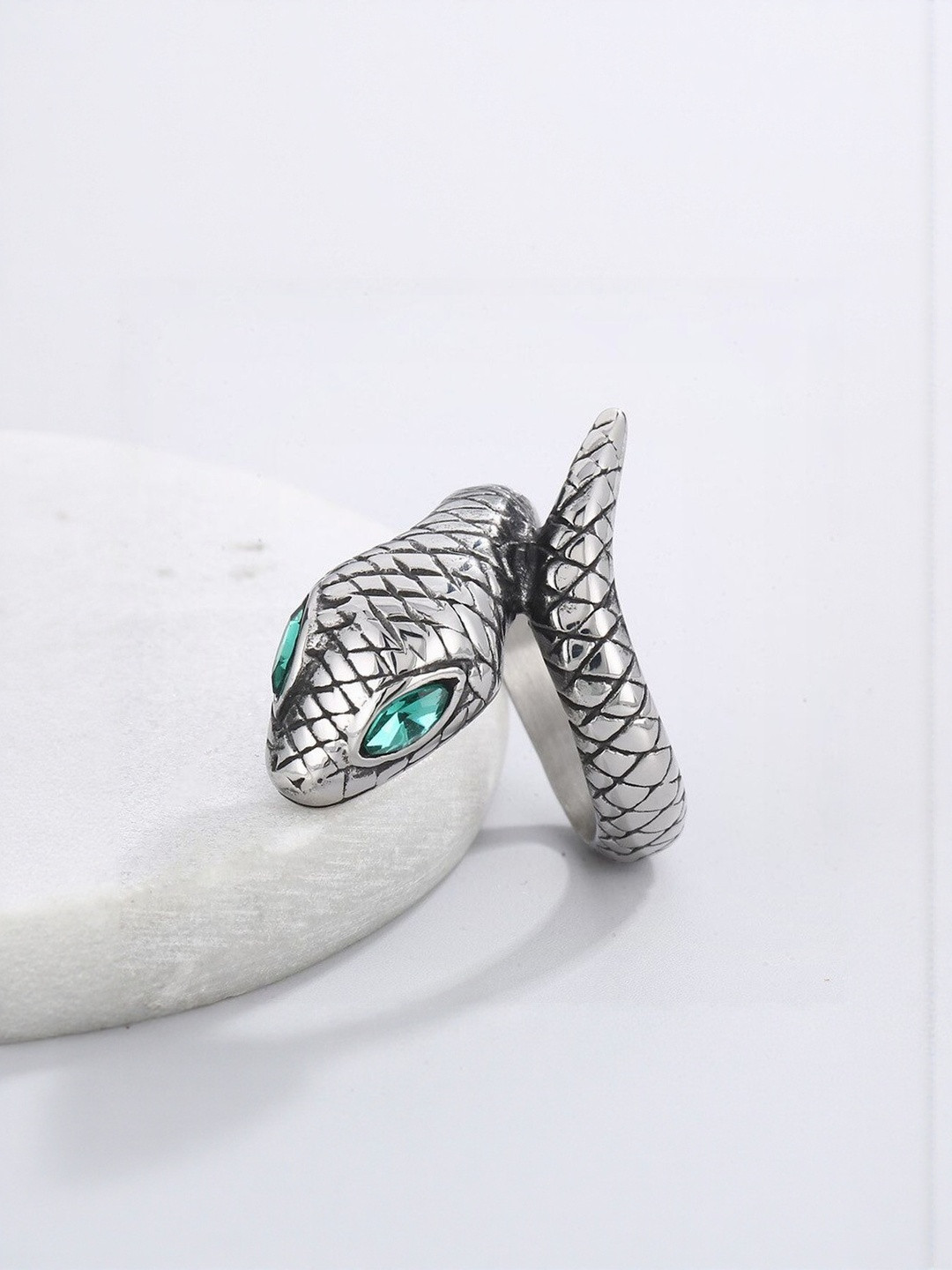 Thrillz Stainless Steel Silver Plated Stones Studded Snake Design Finger Ring