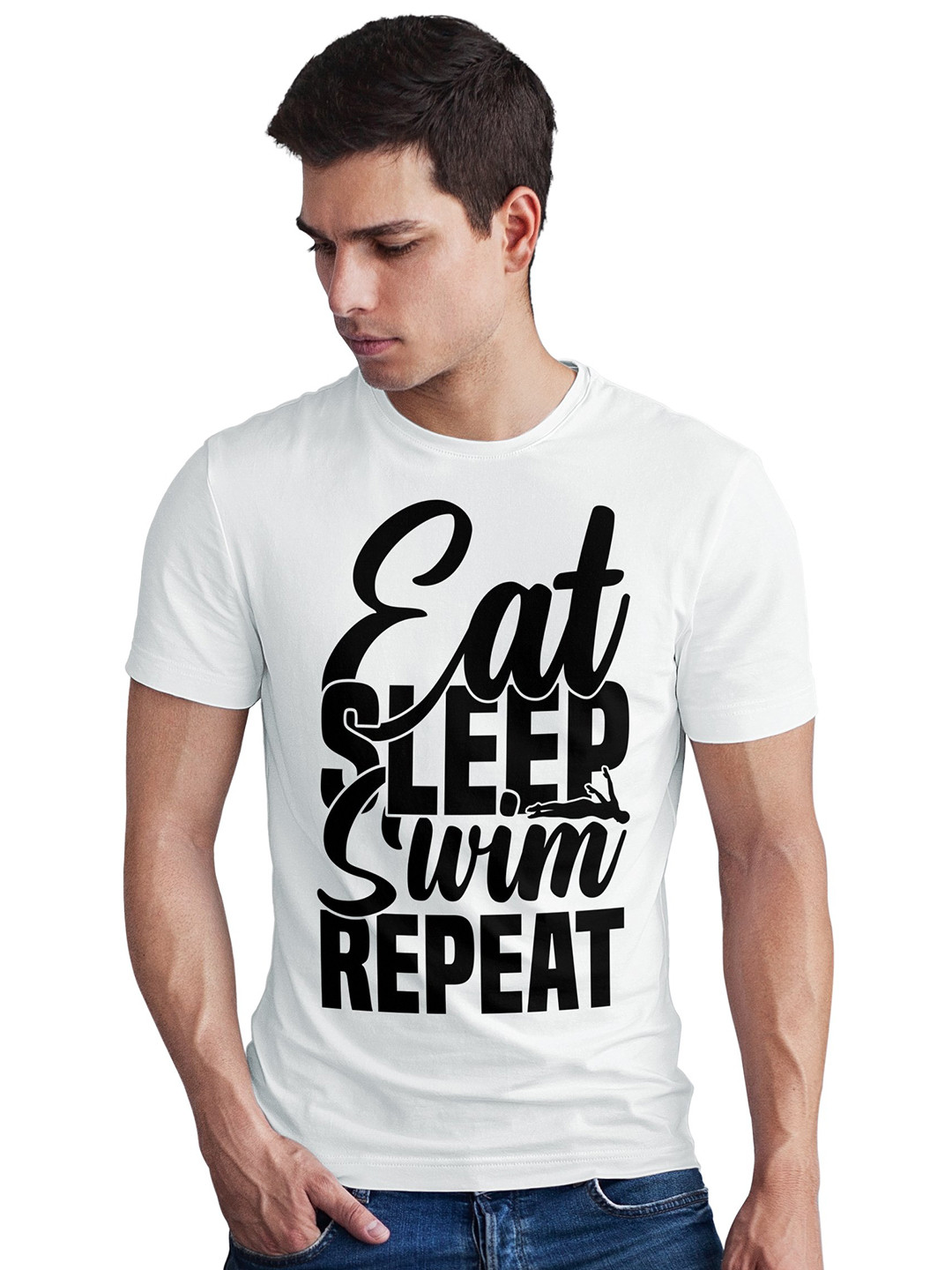 Seekbuylove Men Eat Sleep Swim Repeat Printed Bio Finish Regular Fit Tshirts