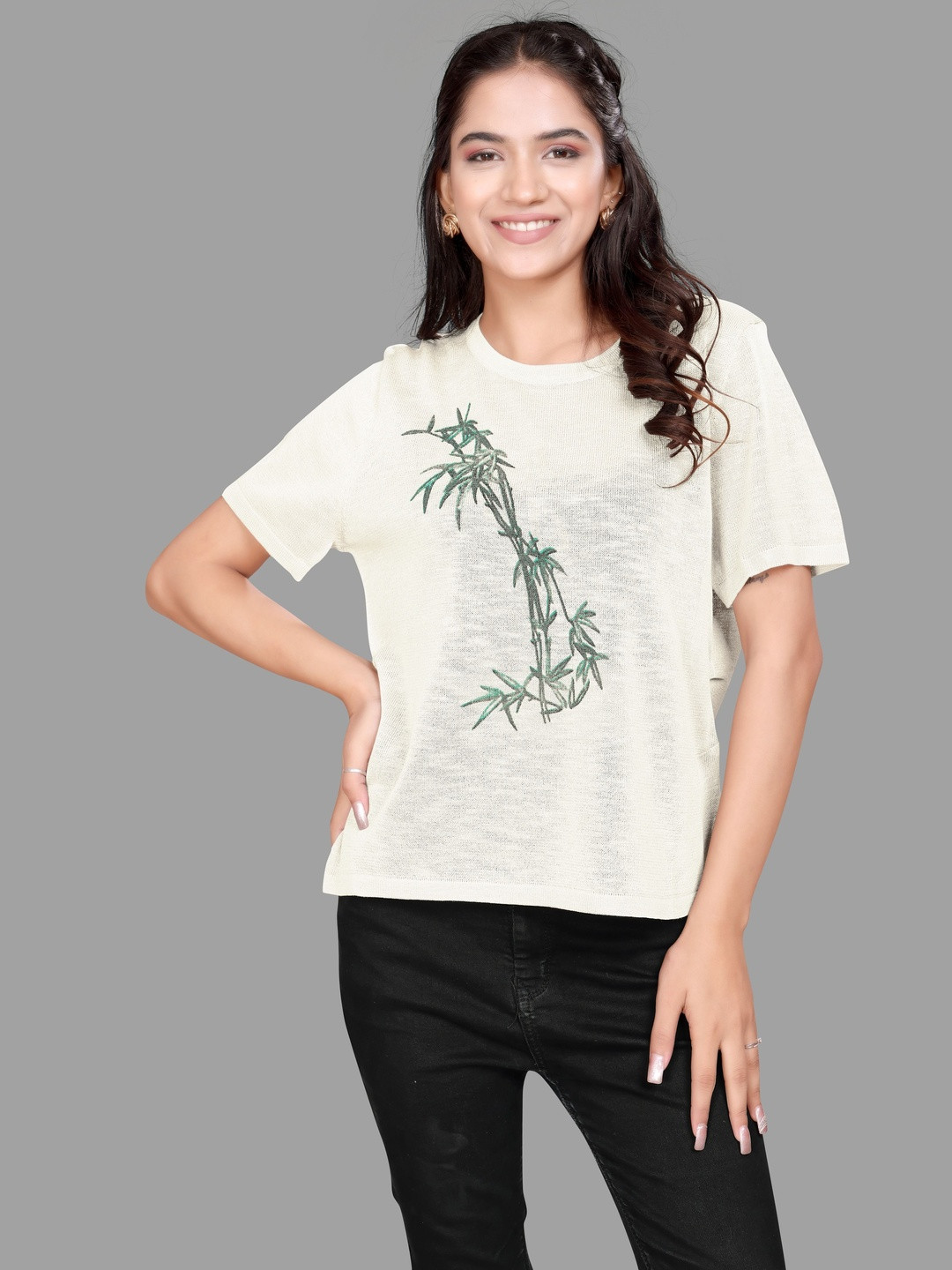 Madborn Creation Self Design Printed Round Neck Jute T-shirt