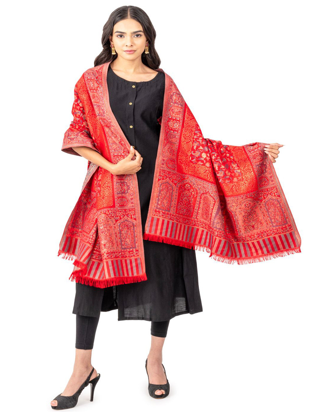 Naureen Women Woven Design Faux Pashmina Stole With Mughal Artwork and Zari Accents