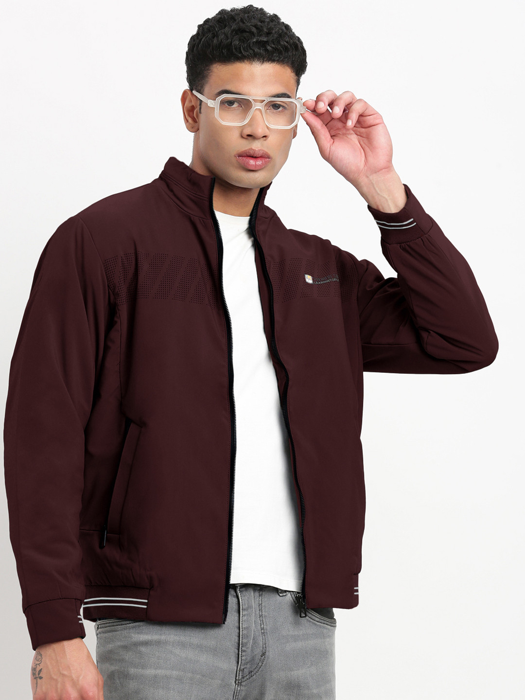 SHOWOFFFF Men Maroon Mock Collar Bomber Jacket