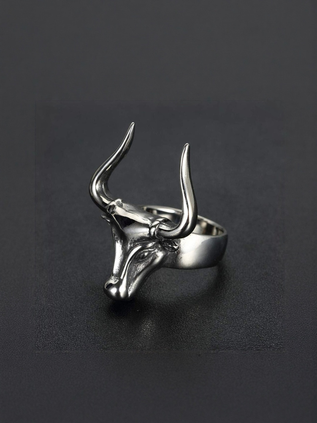 Thrillz Men Stainless Steel Silver Plated Bull Finger Ring