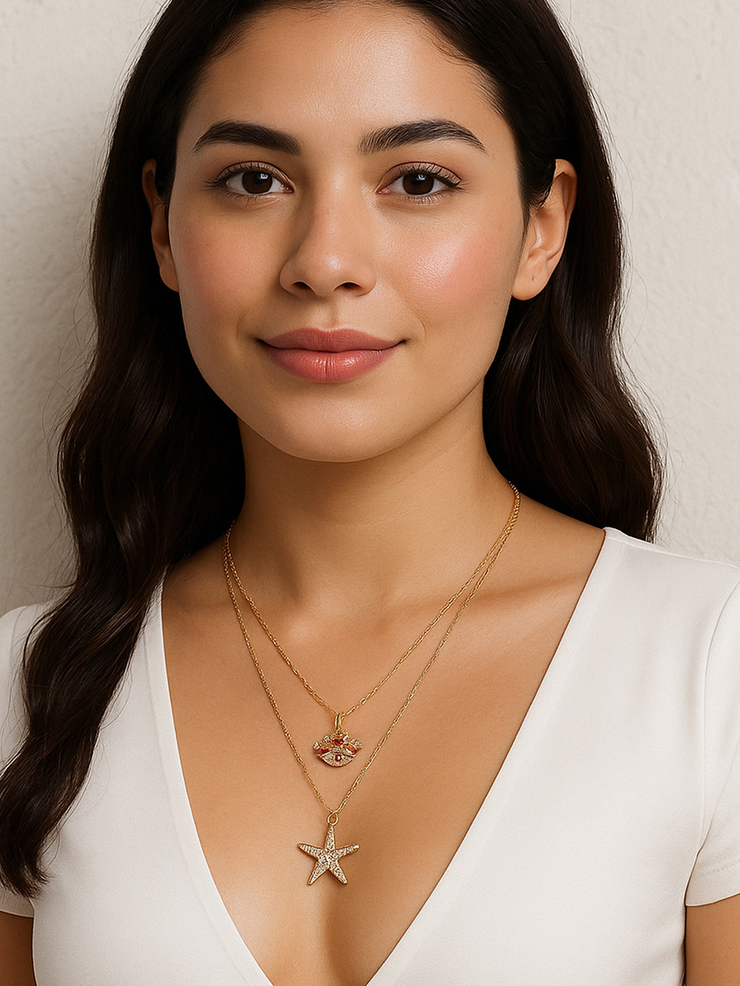 Bohey by KARATCART Gold-Plated Star Fish & Star Multicharm Layered Chain