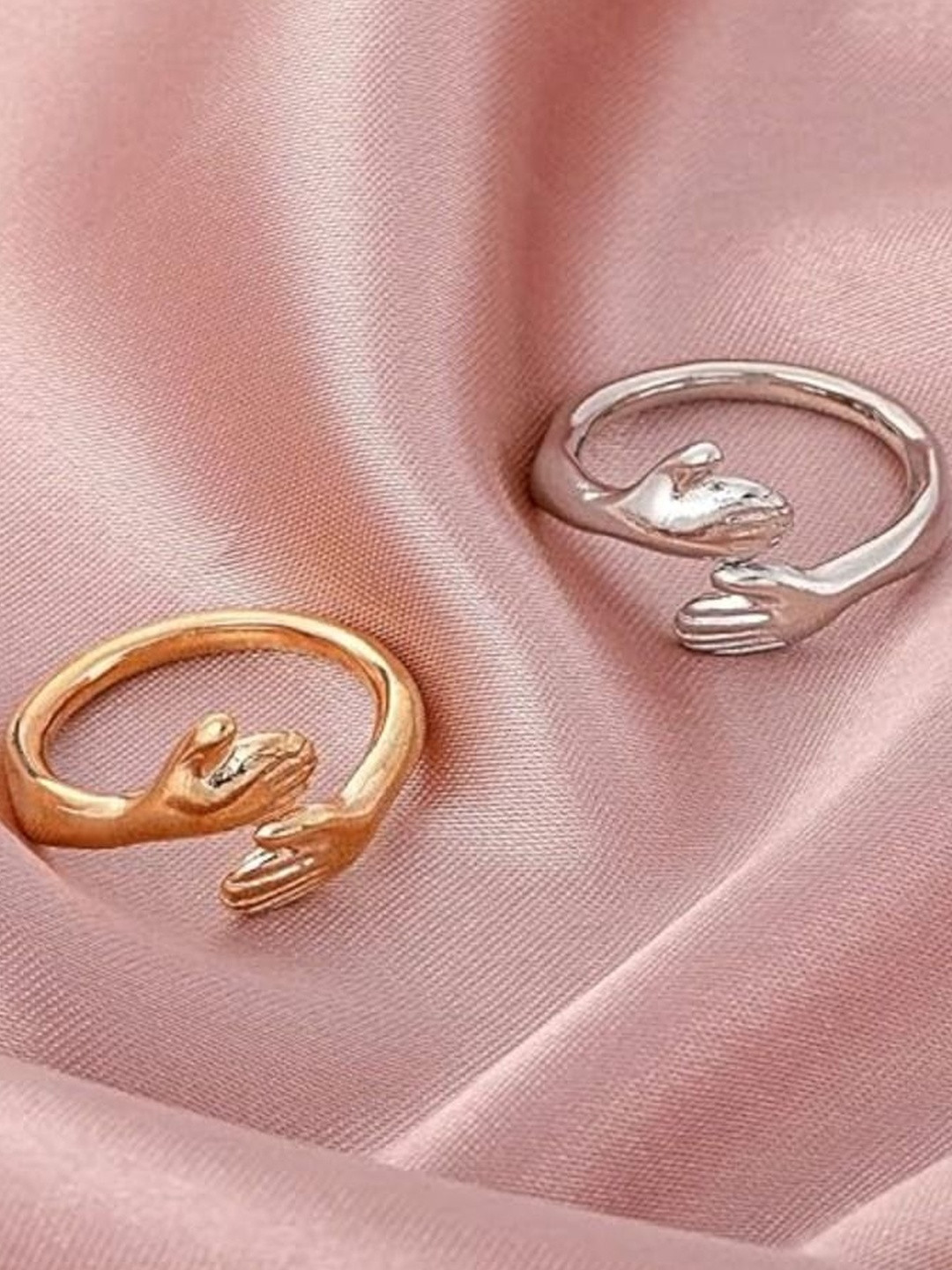 Thrillz Set Of 2 Stainless Steel Silver Plated & Gold Plated Hug Finger Rings